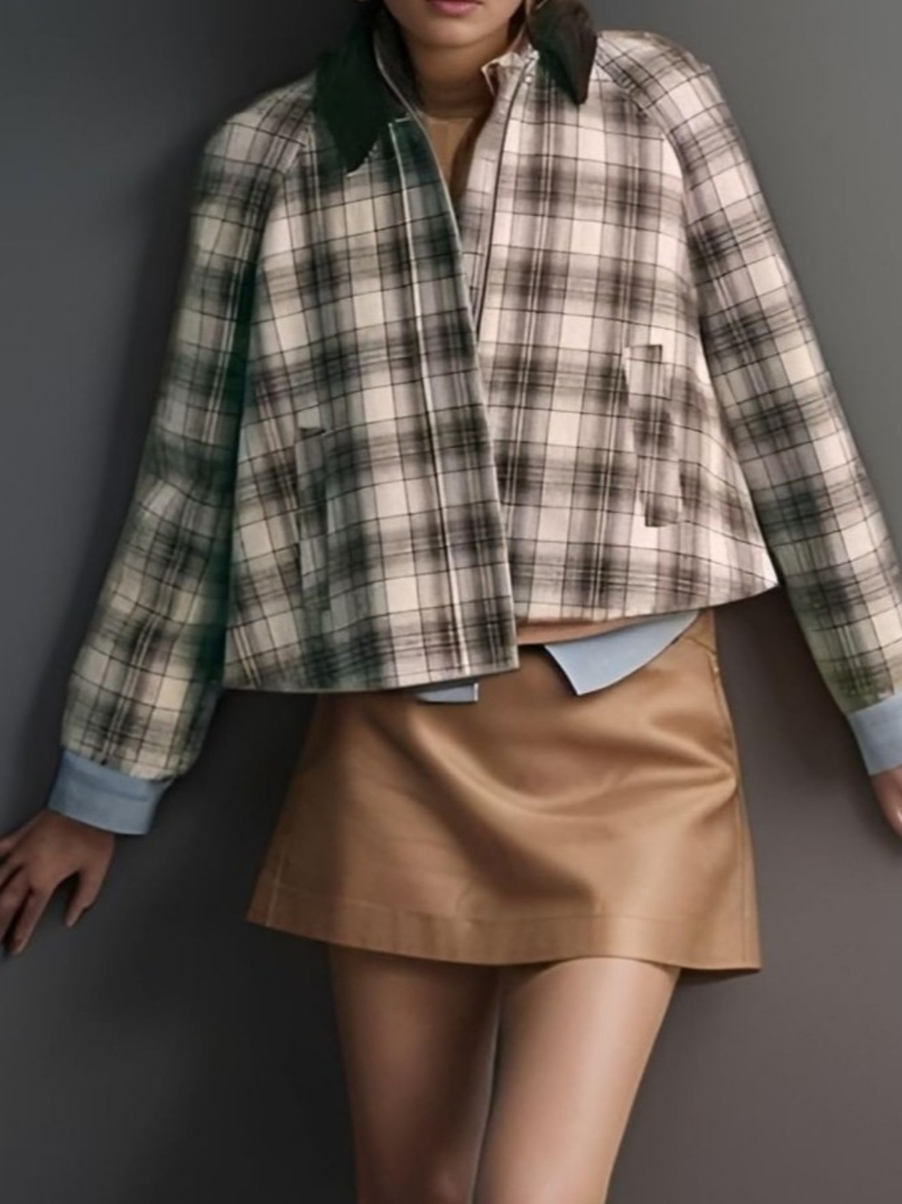 NEW Zara Plaid Patterned Velvet Collared Cropped Jacket in Cream/Brown - XS